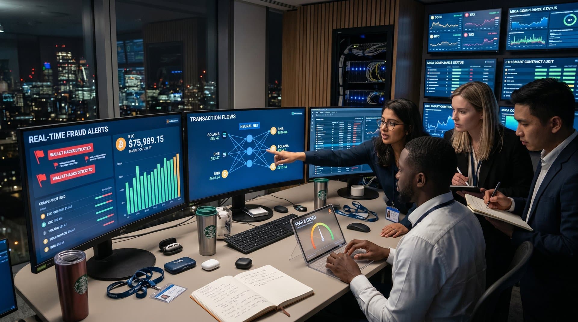 Fintech team monitors AI-powered fraud detection dashboards in a high-tech compliance center