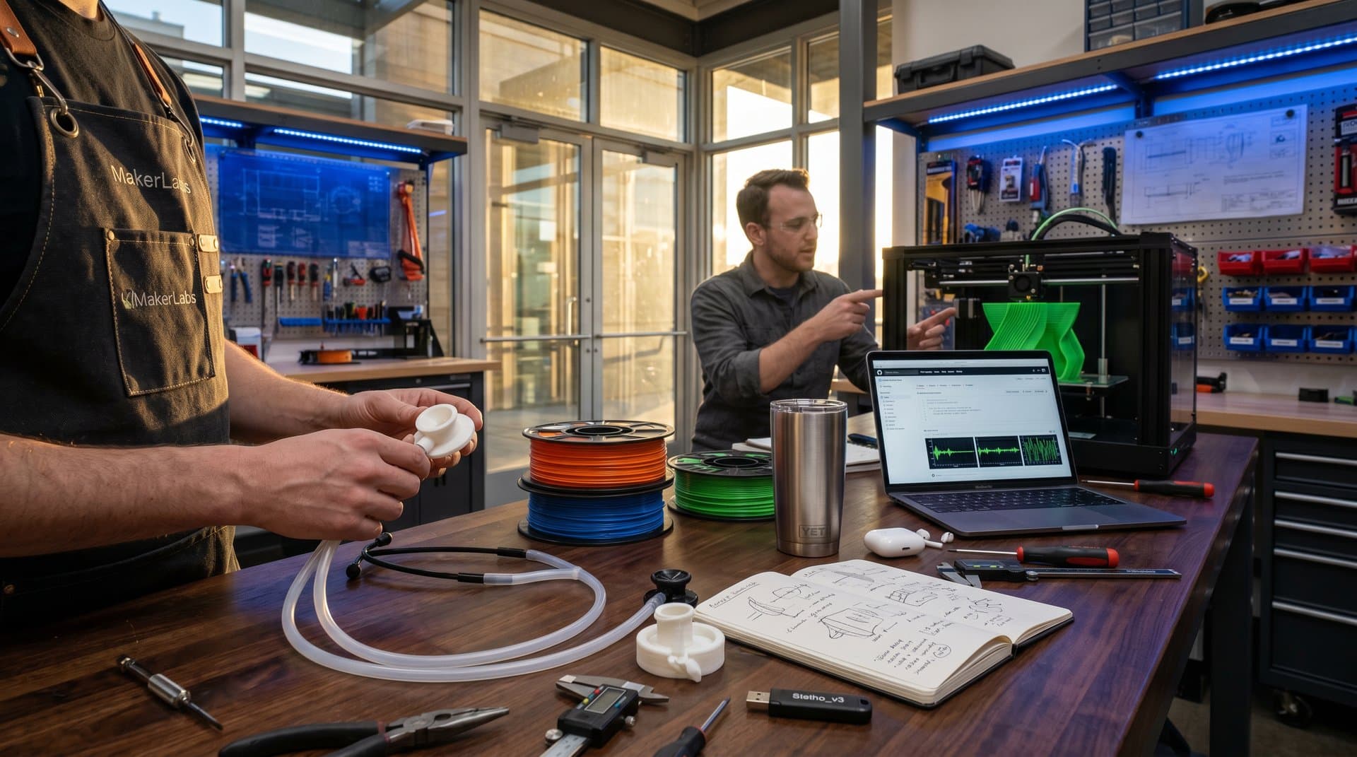 3D-printed open-source stethoscope parts on workbench with printer and tools in modern maker space