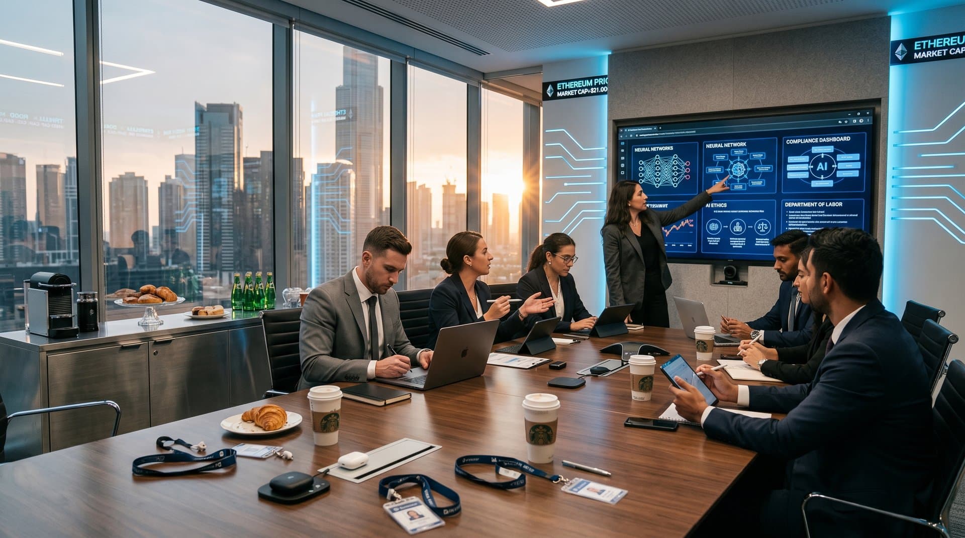 Professionals in training room review AI literacy guidance, DOL slides, and crypto compliance charts