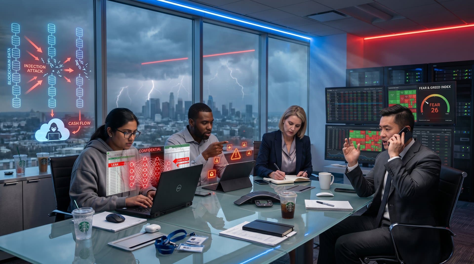 Fintech office scene with AI-powered spreadsheets showing data leaks, vulnerability alerts, crypto fear gauges, and secure blockchain visualizations