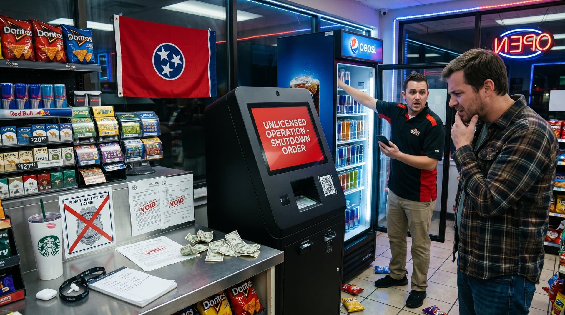 Crypto ATM kiosk in store with fraud warning overlay and Tennessee regulation graphics
