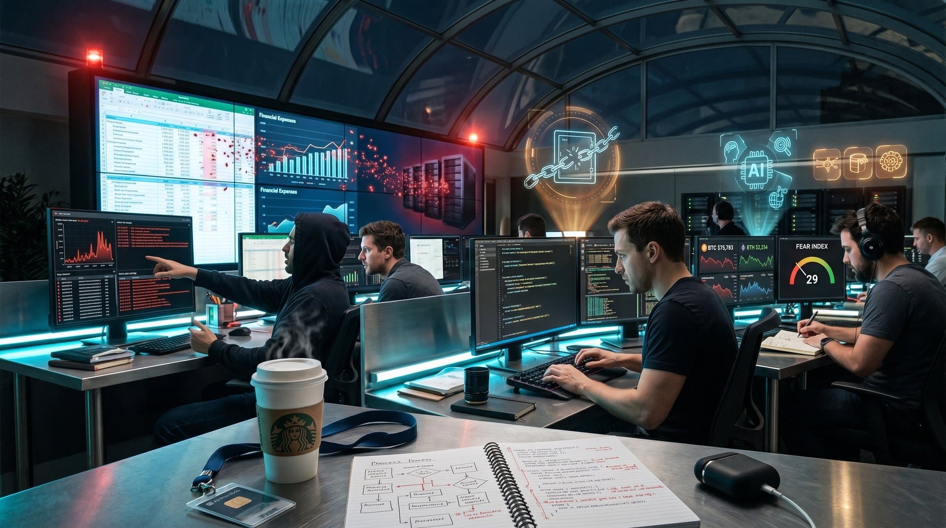 Cybersecurity team monitors AI data leak alerts and financial threat dashboards in a high-tech operations center