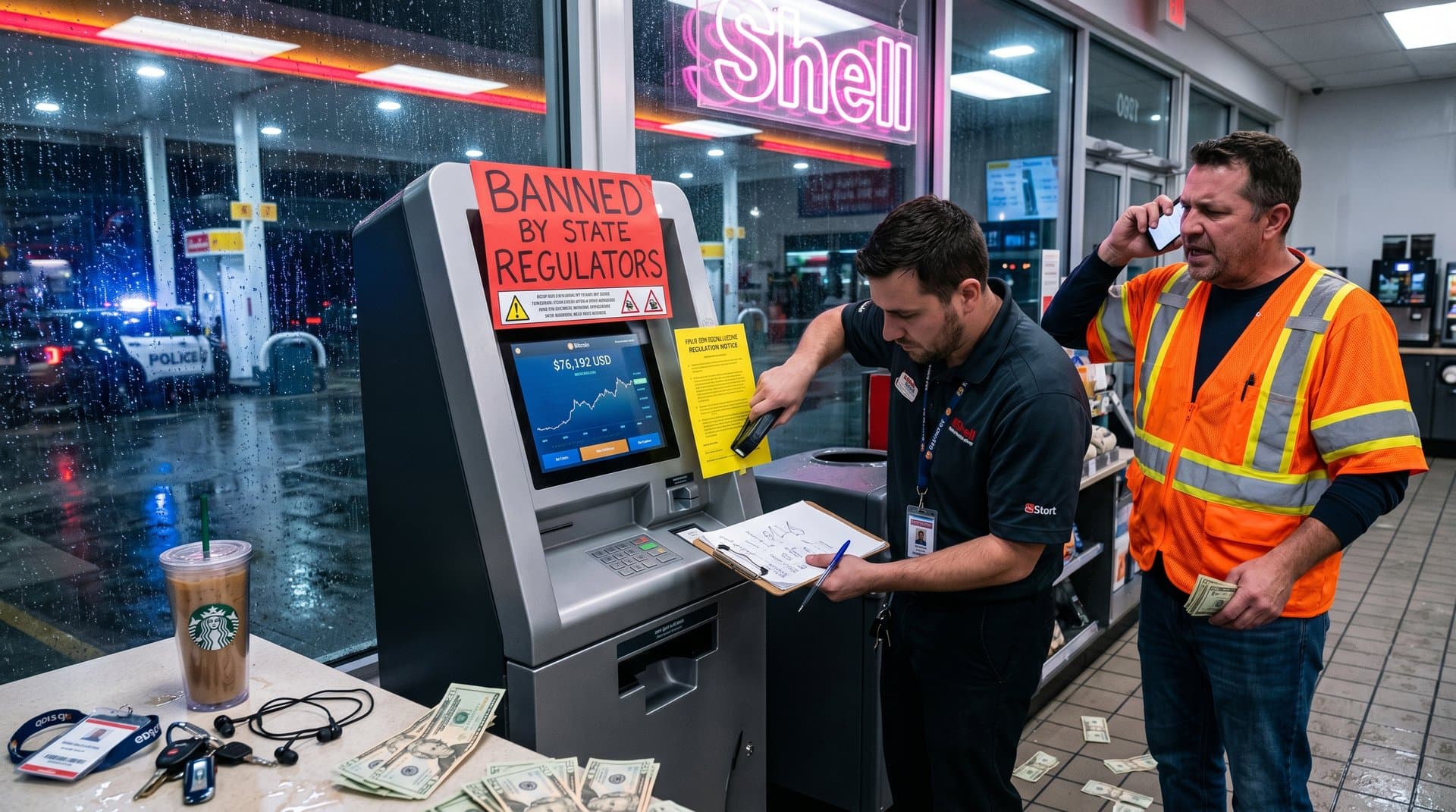 Crypto ATM kiosk in gas station with Bitcoin price display and Tennessee ban notice, emphasizing regulatory shutdown