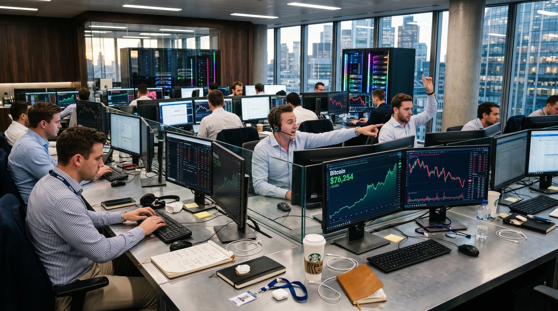 Traders at modern desks with multi-monitors showing crypto charts, BTC at $76k highlighted, professional trading floor with skyline view