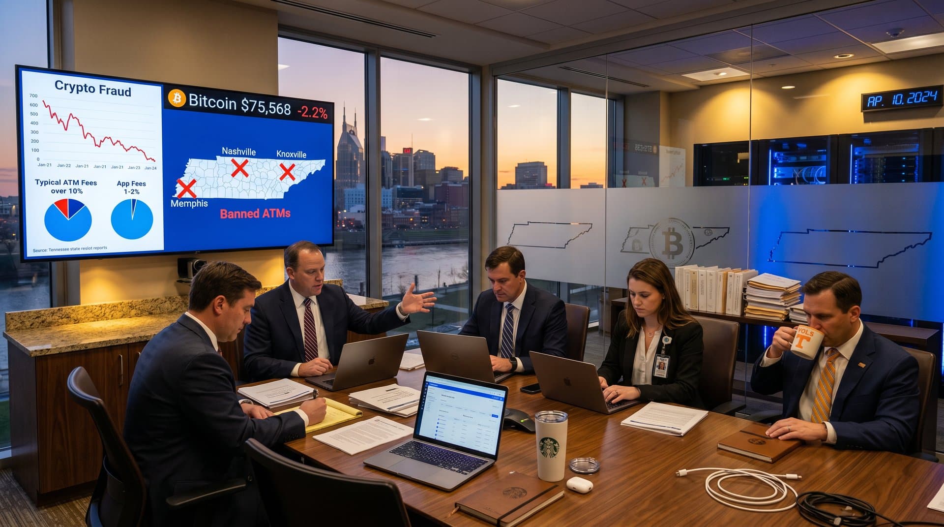 Conference room with screens showing crypto ATM fraud charts, Bitcoin price drop, and regulatory data in Tennessee office