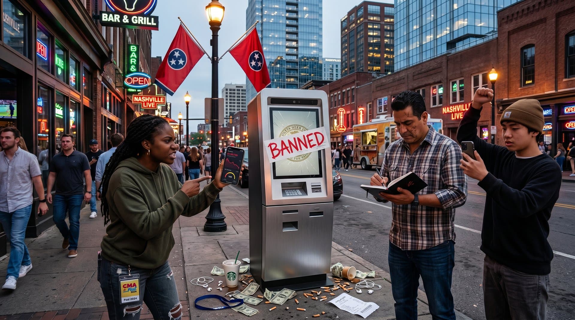 Crypto ATM kiosk banned in Tennessee with users viewing Bitcoin price drop on phones