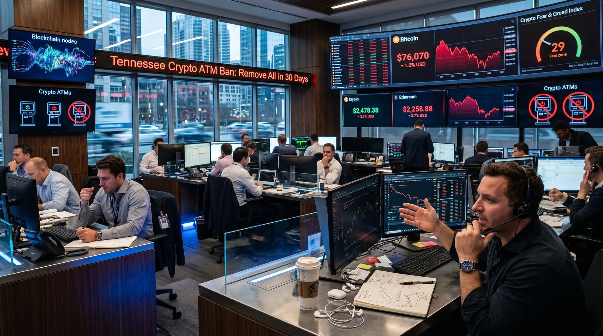 Trading screens show BTC dip to $76K and Tennessee crypto ATM ban news on modern floor with cloud tech elements