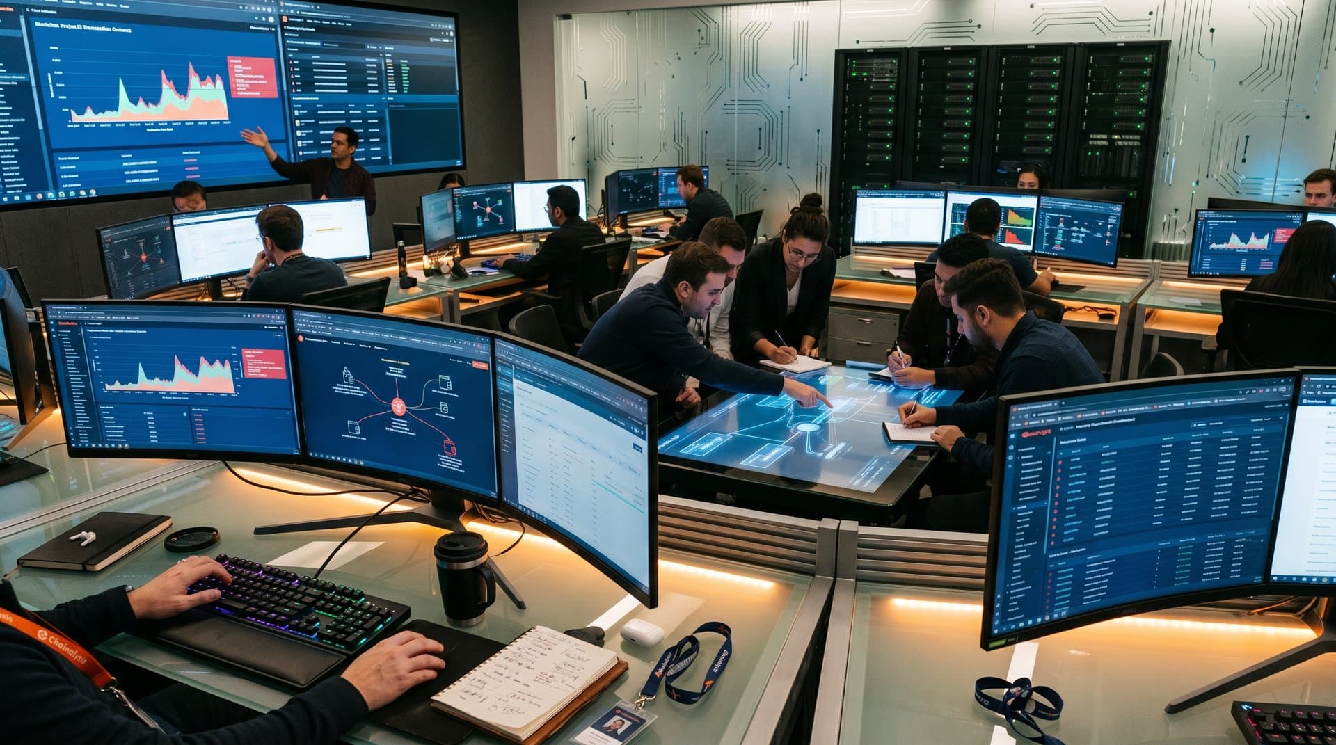 Analysts monitor blockchain graphs and scam alerts on multi-monitor setups in a modern Chainalysis fraud detection ops center with server racks in background