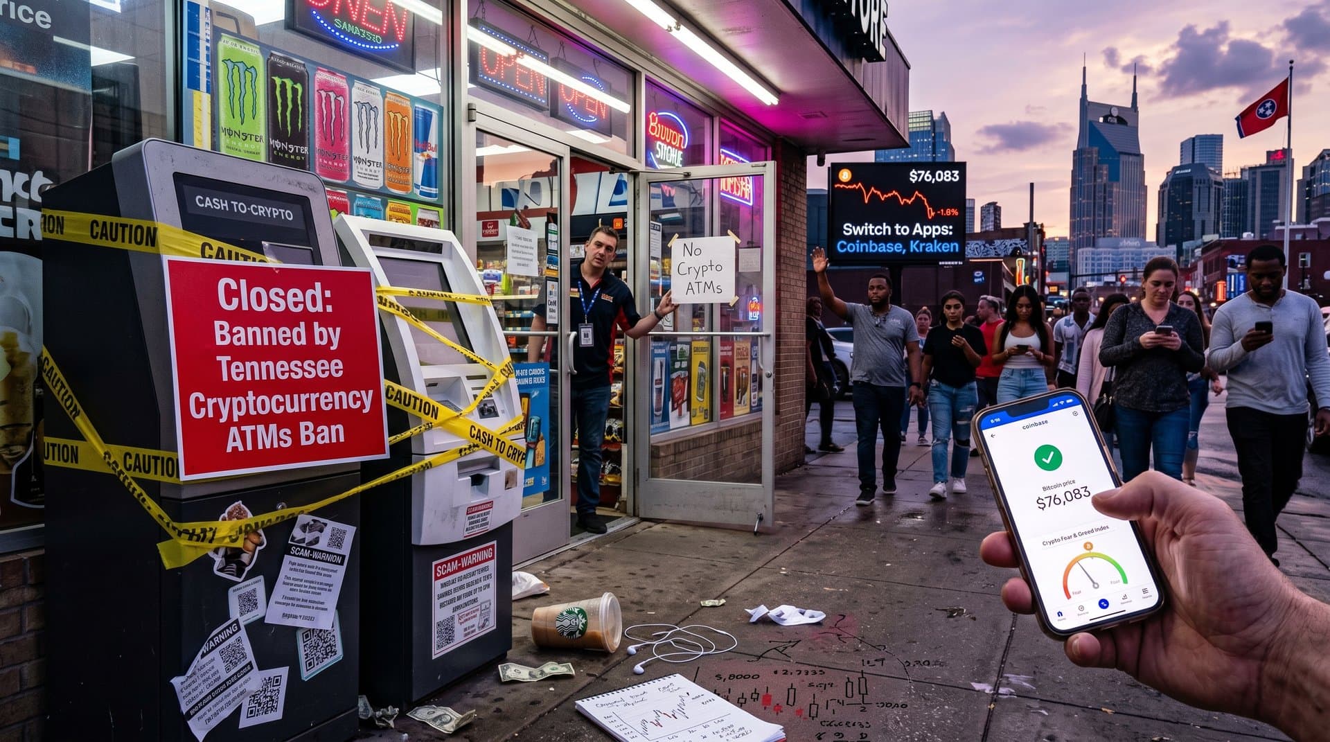 Nashville storefront with banned crypto ATM kiosk and Coinbase app on phone against city skyline