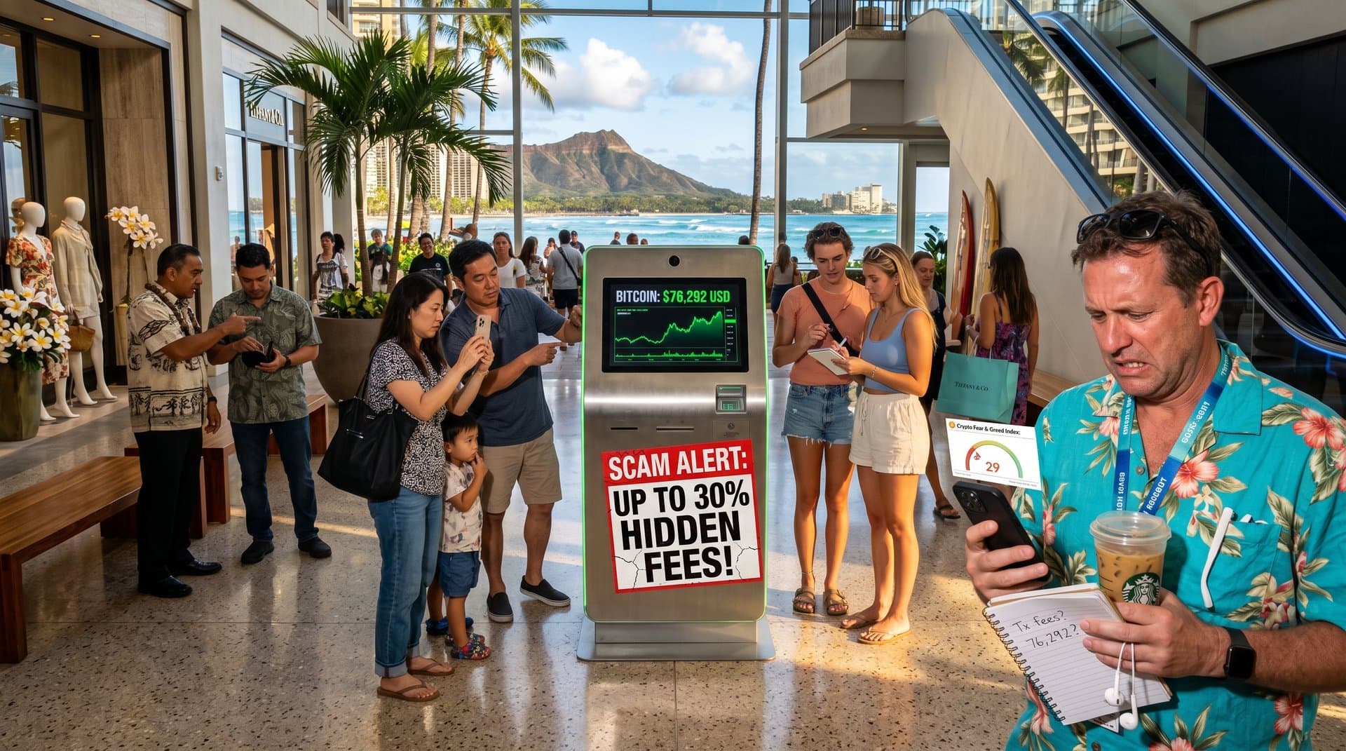 Crypto kiosk in Hawaii mall with DCCA scam warning, Bitcoin price screen, and cybersecurity threat icons amid fearful market graph
