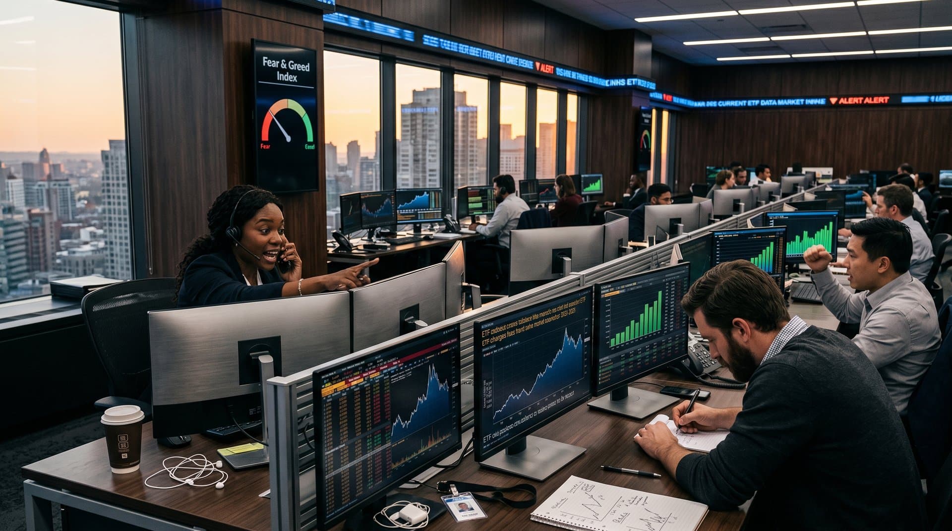 Fintech traders monitoring Bitcoin at $76K and Musk testimony on trading floor screens