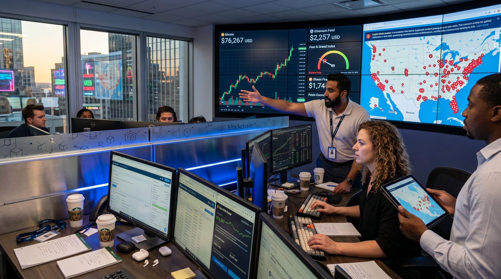 Analysts at trading floor review crypto charts on multi-monitor setups amid live market data and kiosk maps on glass-partitioned desks