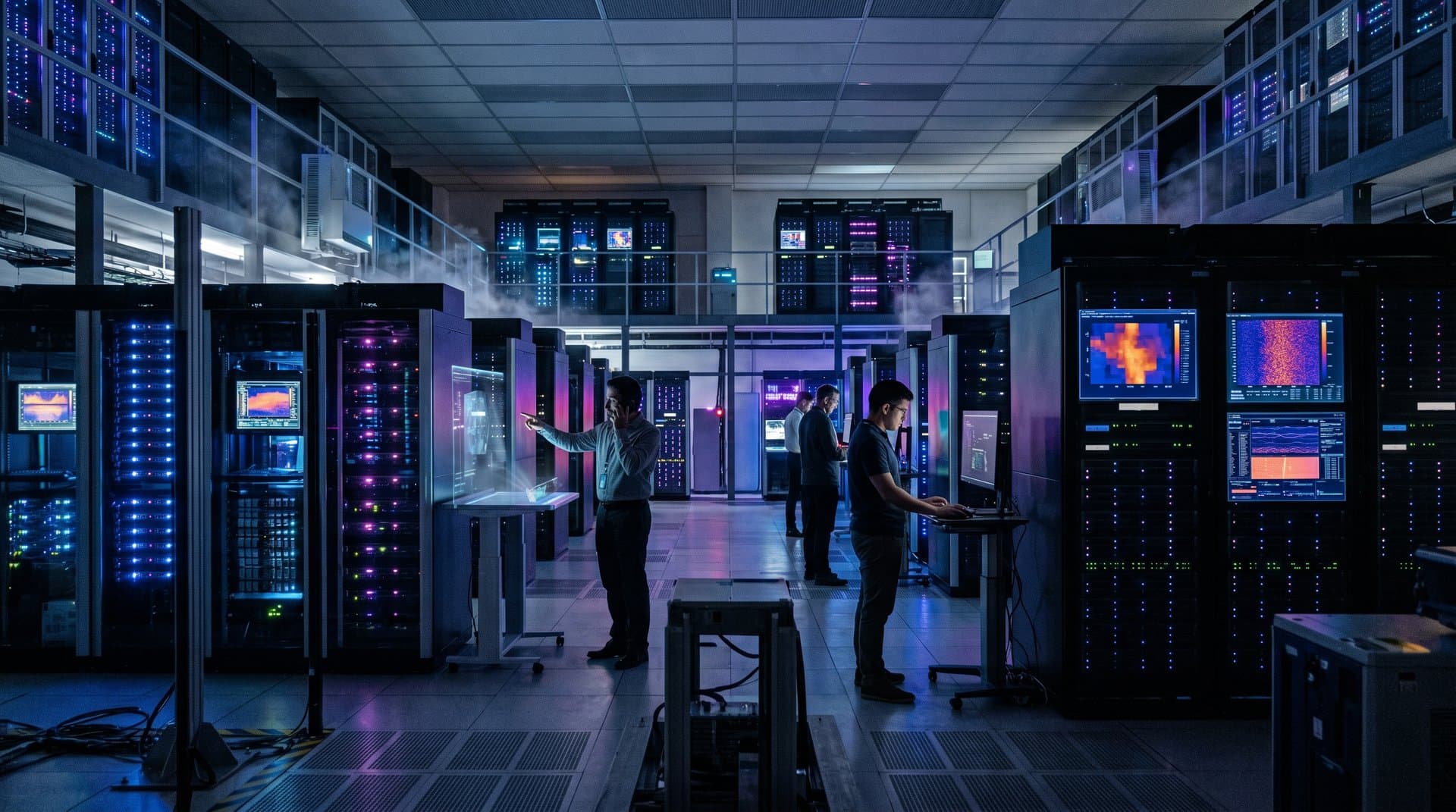 AWS data center with glowing server racks and holographic AI dashboards scanning IDs for fraud detection