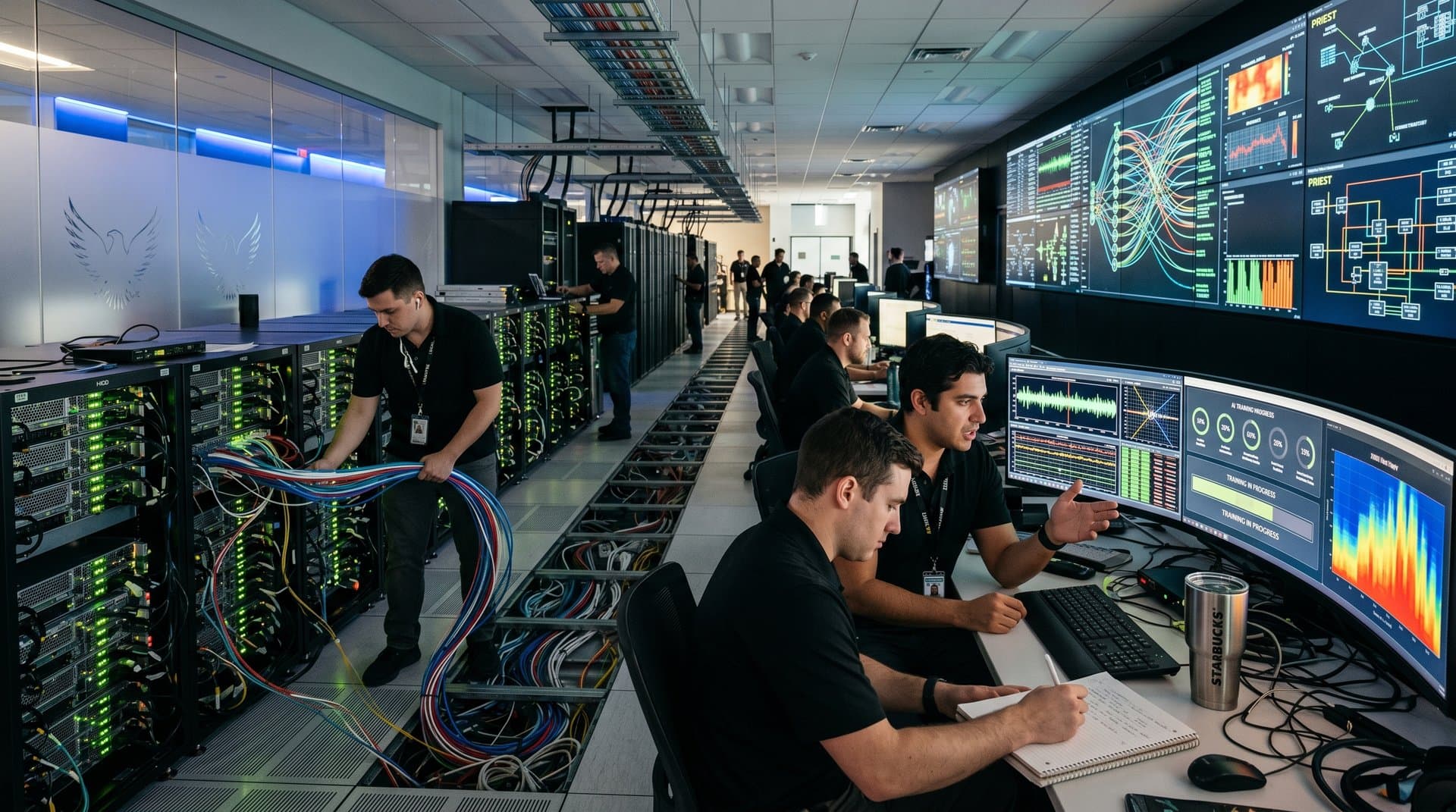 Glowing GPU server racks and ML dashboards in secure intelligence data center