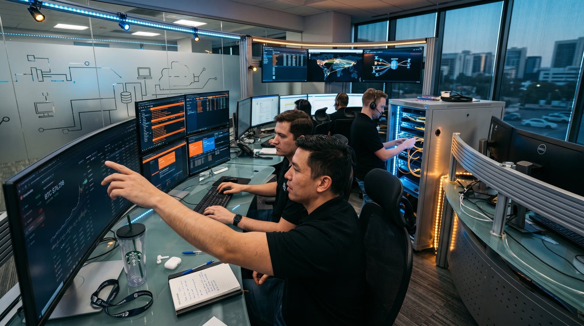 Cybersecurity center monitors blockchain heatmaps and crypto prices on multi-screen displays in a high-tech environment