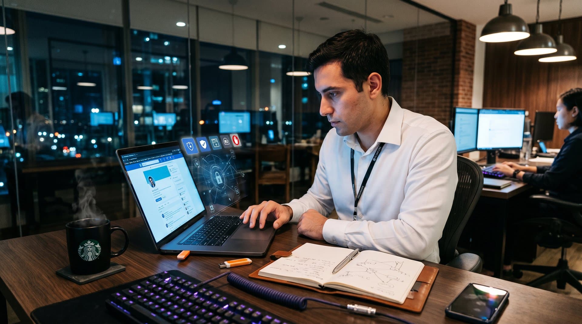 Laptop screen shows LinkedIn with browser extension scanning visualization and privacy icons