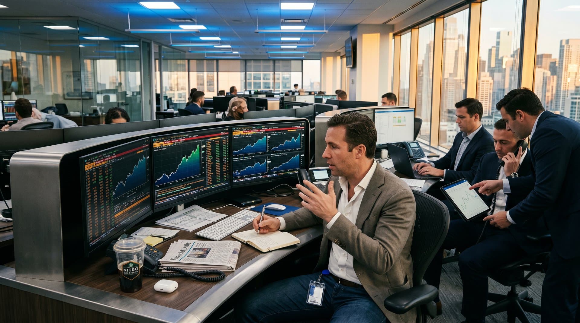 Trading desk with monitors showing AIQ ETF 10-year growth charts, financial tools, city skyline in modern office