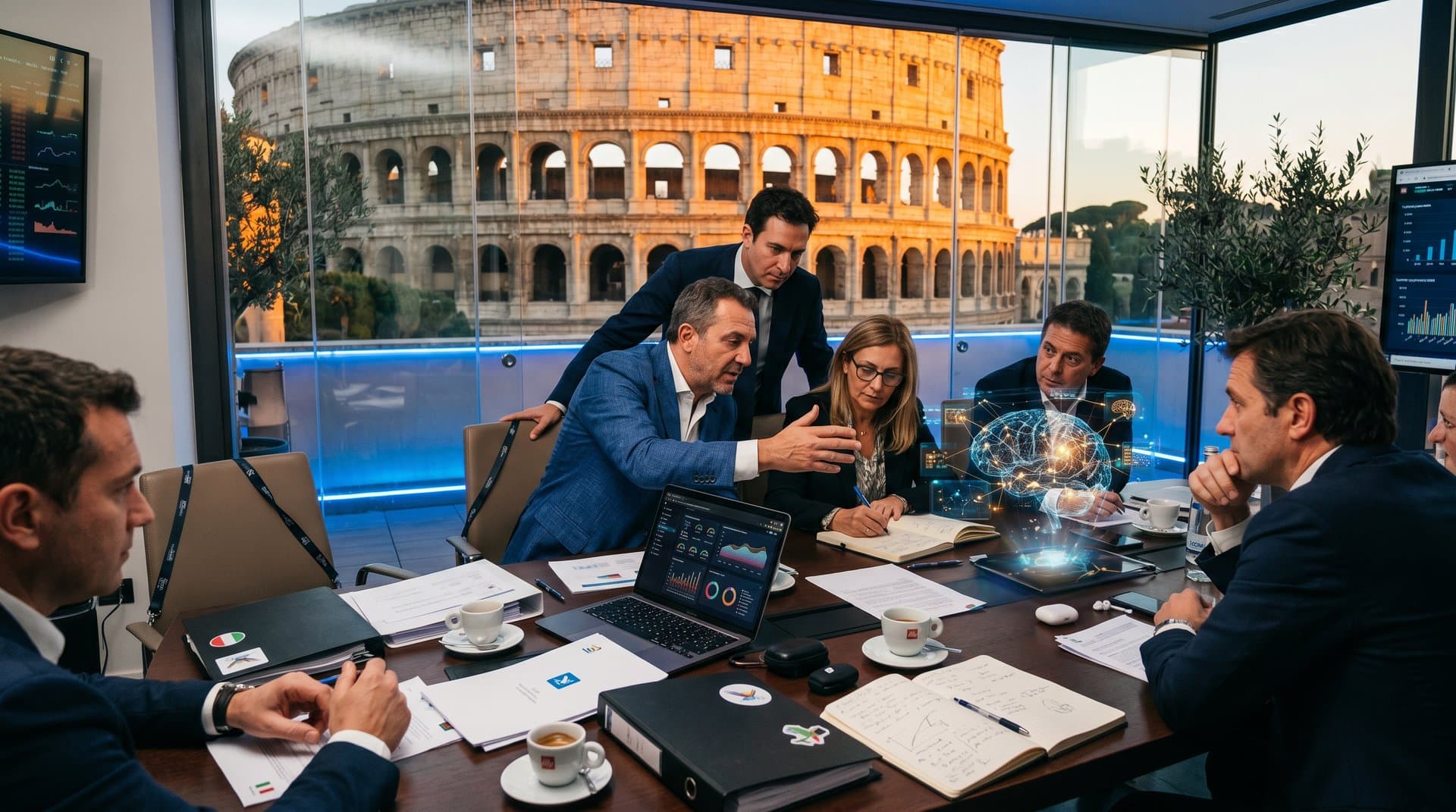 Modern conference room in Rome with AI compliance documents, laptops showing hallucination detection dashboards, and regulatory binders on table