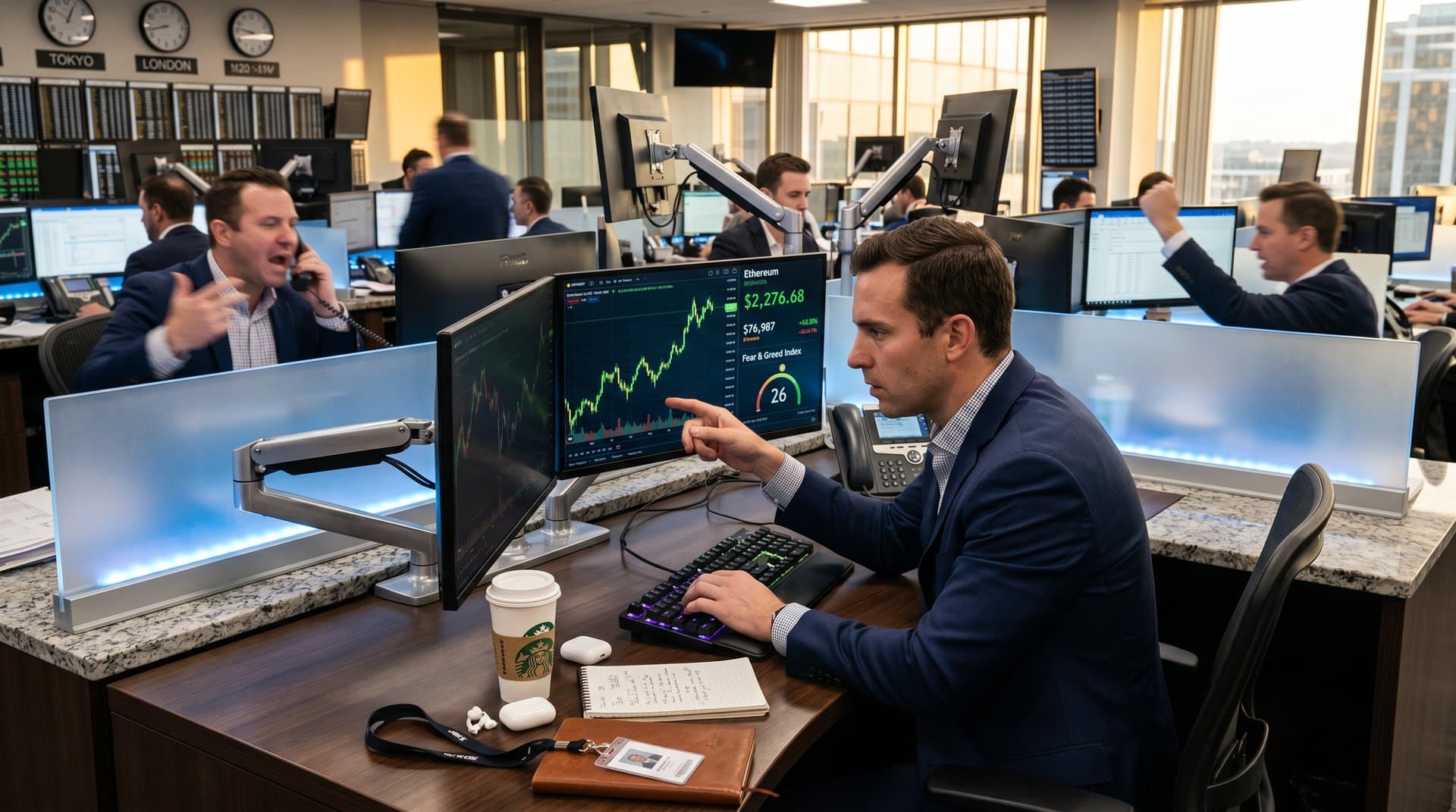 Modern trading desk screens show Ethereum price surge to $2,276.68, Bitcoin at $76,987, and Fear & Greed at 26 amid market charts and office elements