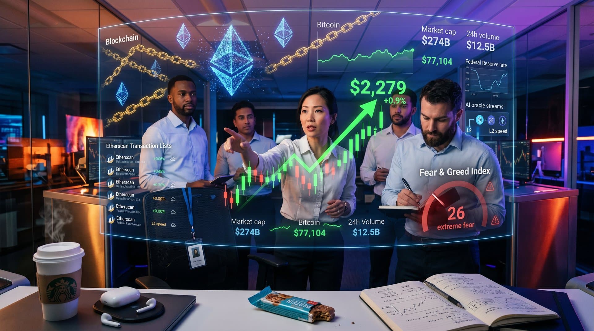 Futuristic dashboard showing Ethereum price at $2,279, Fear & Greed at 26, AI neural networks and blockchain integration in neon cyberpunk style