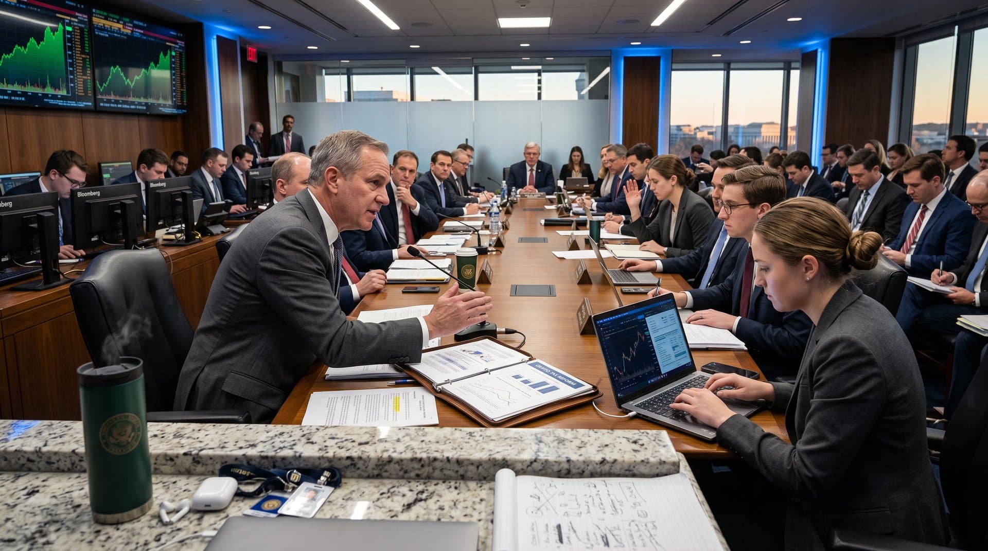 Conference table with crypto tax documents, Bitcoin charts on screens, and market data terminals in a Senate-style hearing room