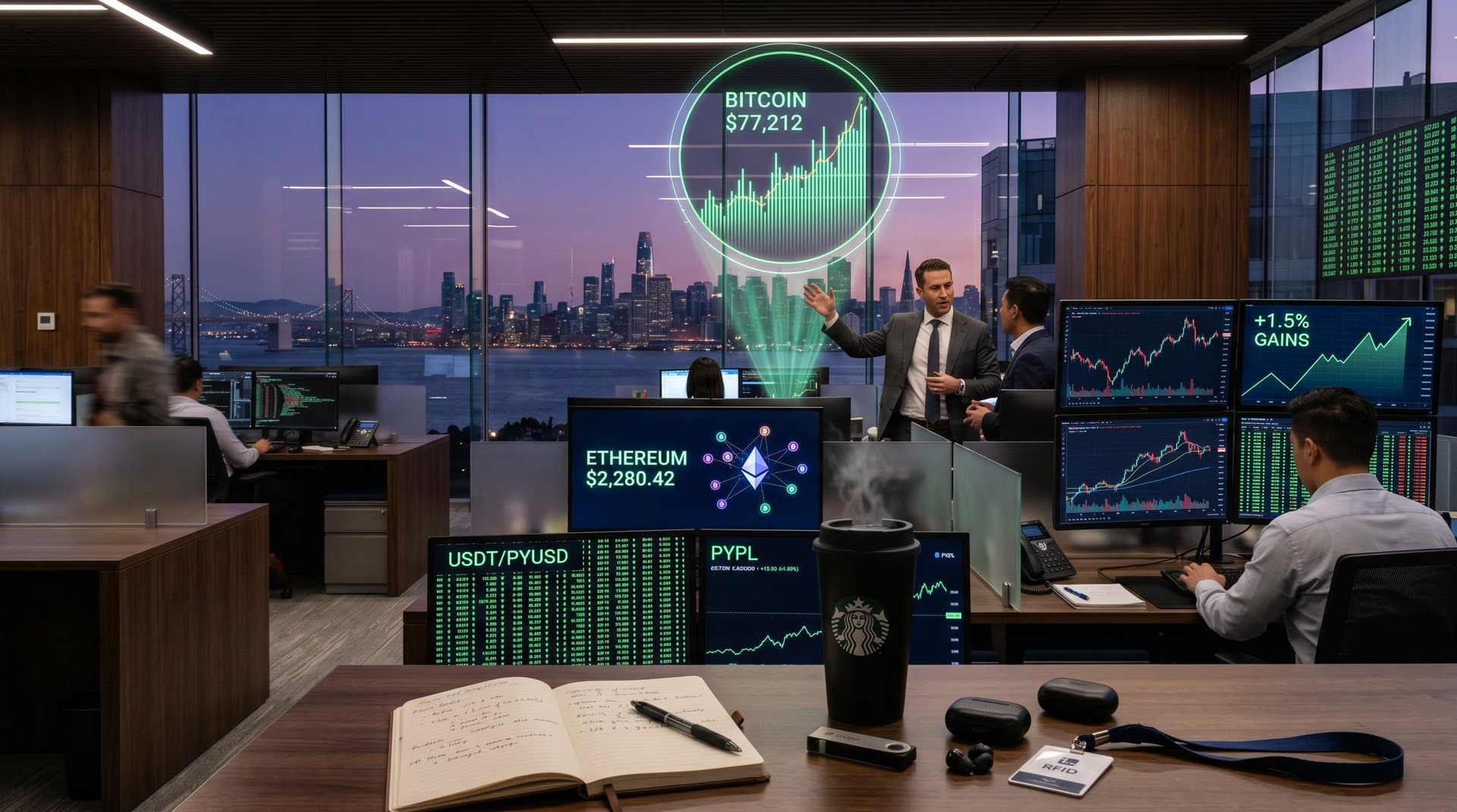 Holographic displays of Bitcoin at $77K, crypto charts, stablecoins, and PayPal crypto division announcement in high-tech fintech office
