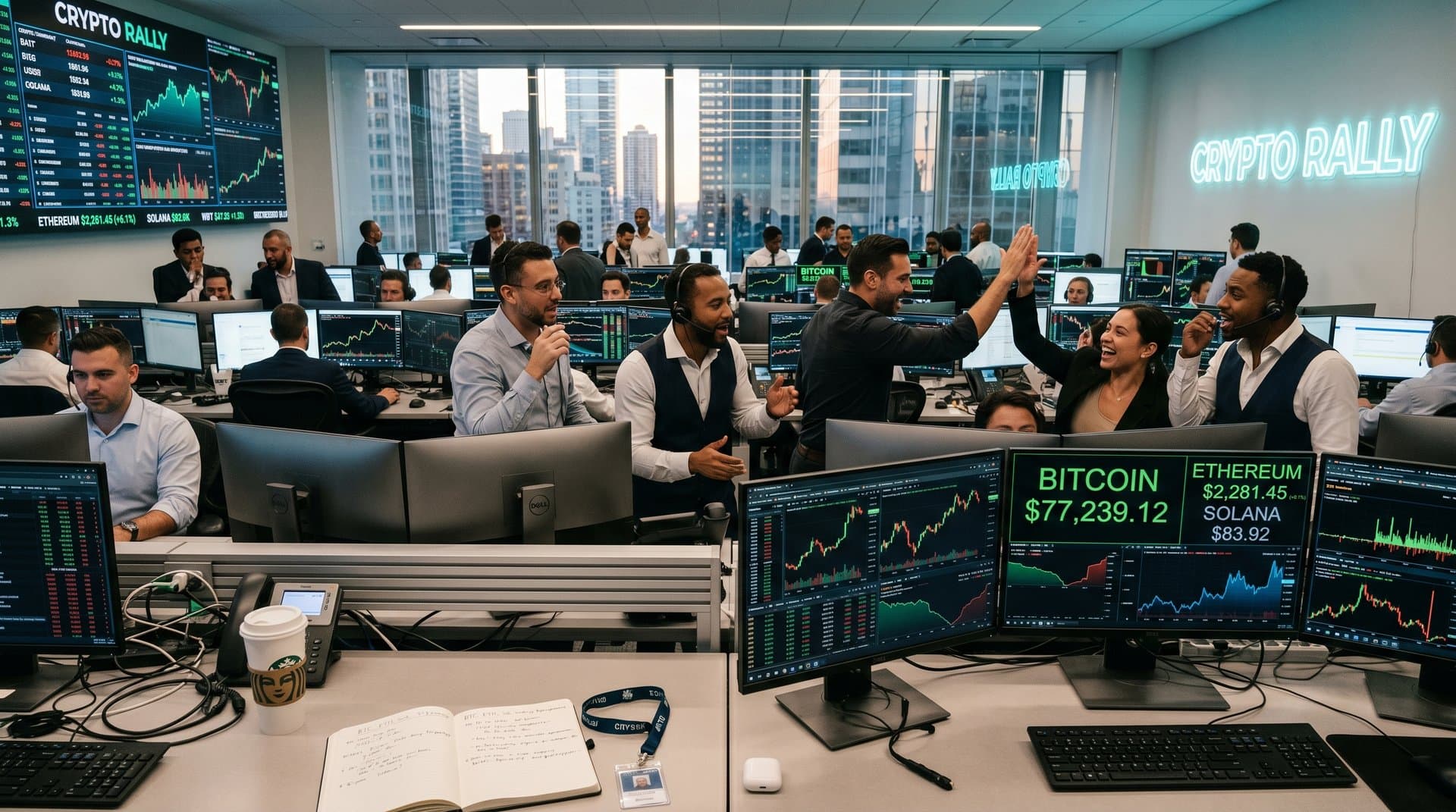 Traders monitor Bitcoin at $77,239 and WBT stock charts in volatile crypto markets