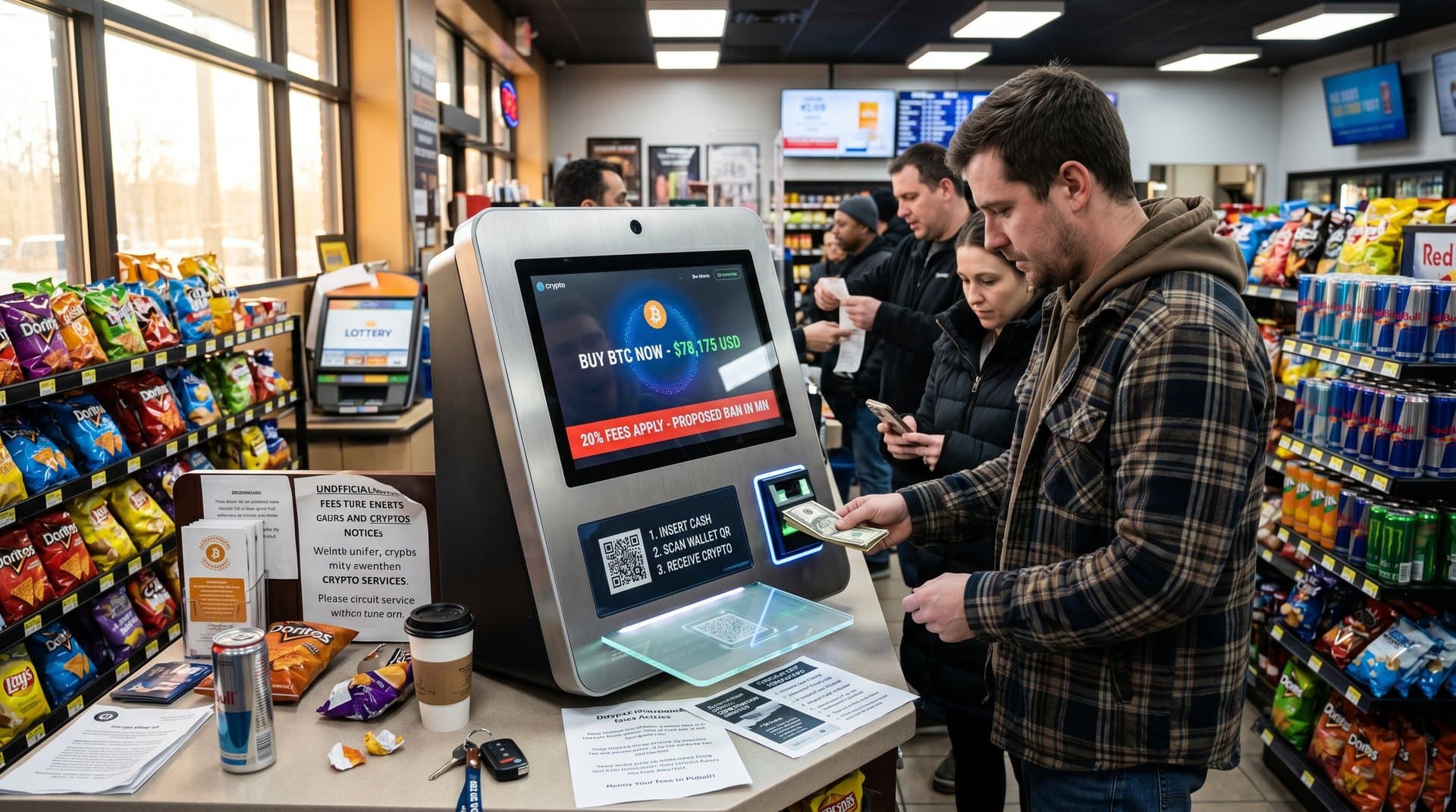 Crypto kiosk in convenience store with ban warning and Bitcoin price chart amid regulatory alerts