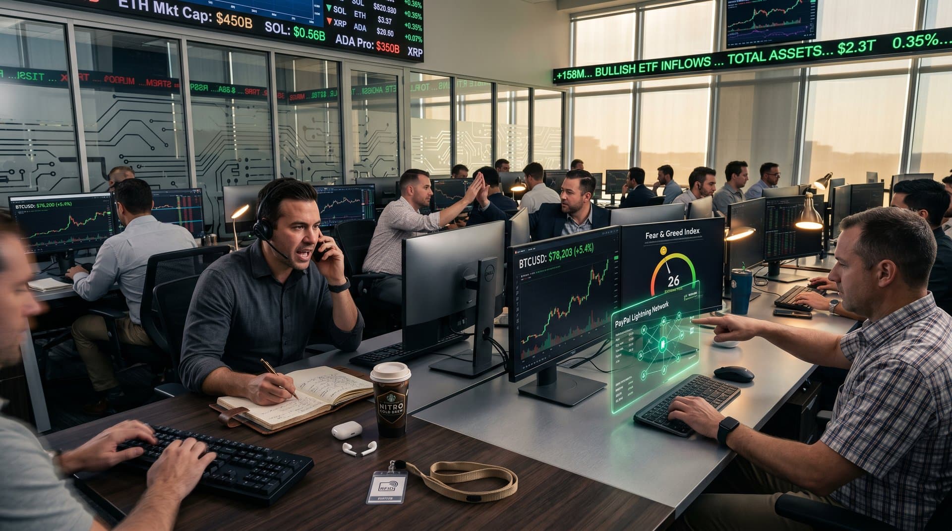 Traders analyze Bitcoin price prediction charts at $78K amid fintech recovery on exchange floor screens