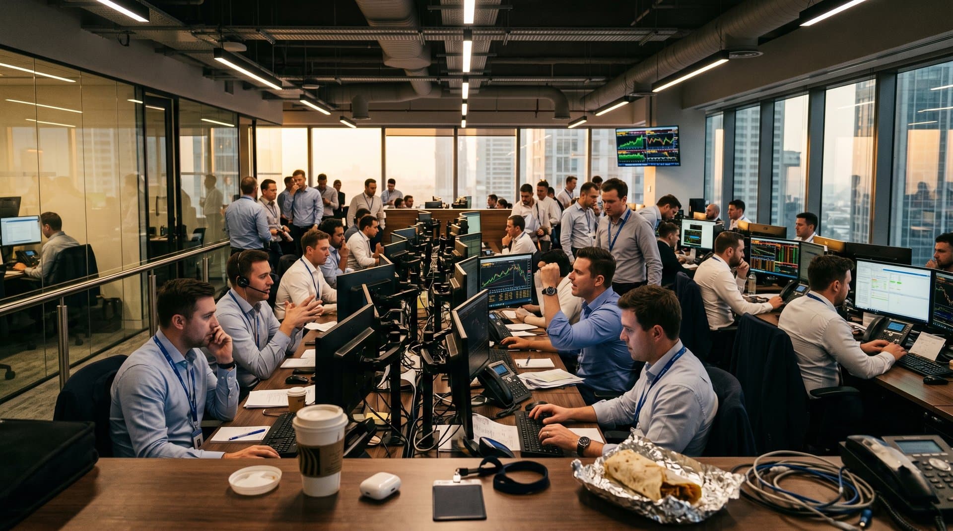 Trading screens show Bitcoin at $78,555 and Fear & Greed at 26 on modern fintech floor