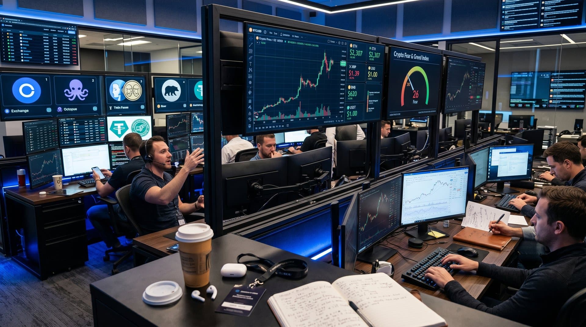 High-tech trading dashboard displaying crypto prices, Bitcoin at $78,502 USD, Fear & Greed Index at 26, security icons, and exchange logos