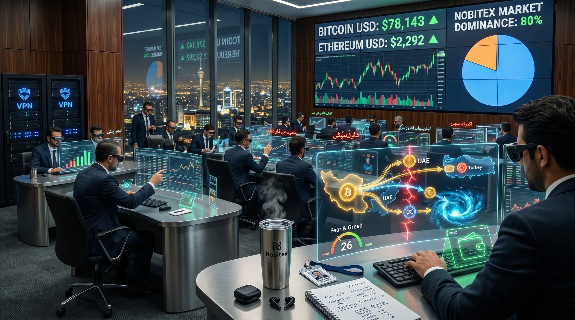 Abstract trading screens show crypto prices and blockchain flows amid sanction maps