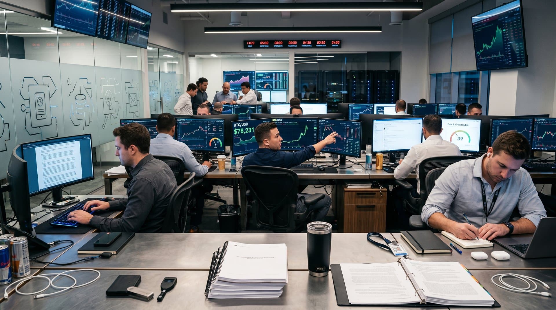 Crypto trading desk with monitors showing BTC charts at $78,231, Fear Index 39, MiCA docs, and hardware wallets like Ledger and Trezor