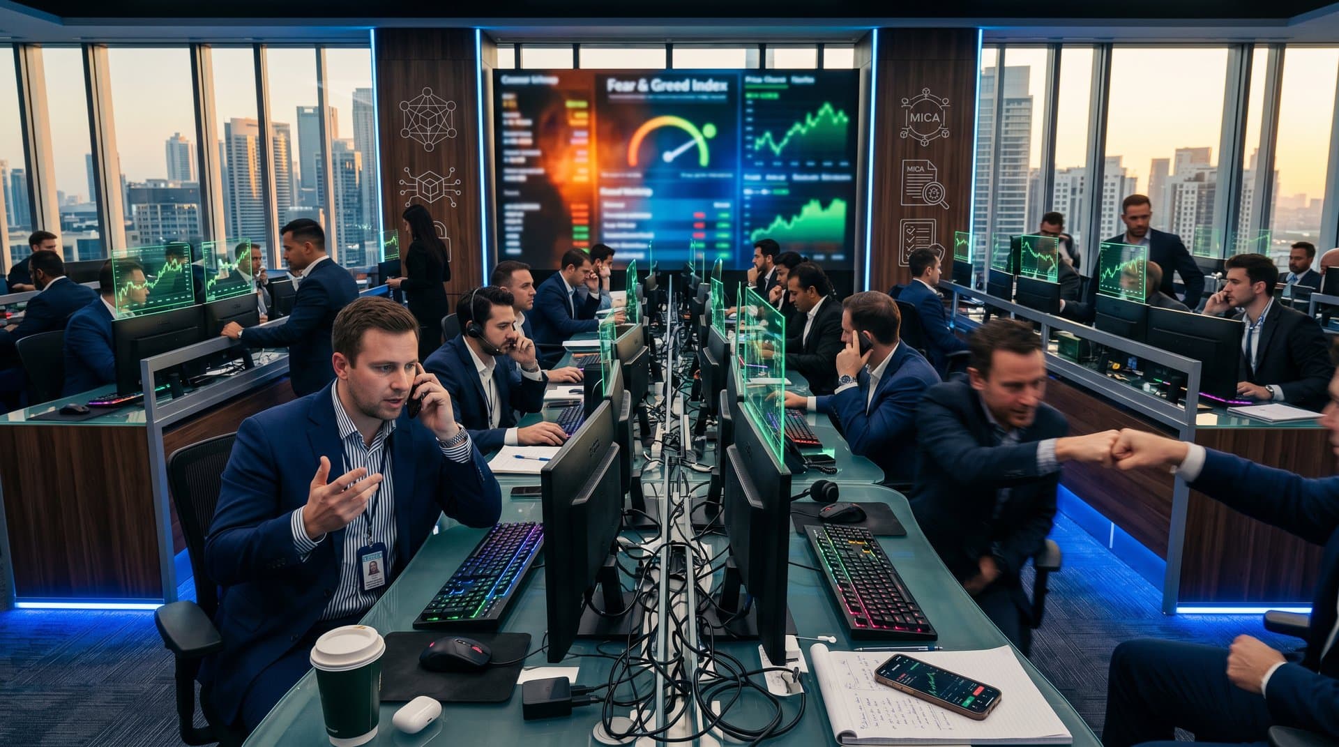 Modern trading floor screens showing Forbes top 10 cryptocurrencies with Bitcoin at $78K, charts, keyboards, and skyline view