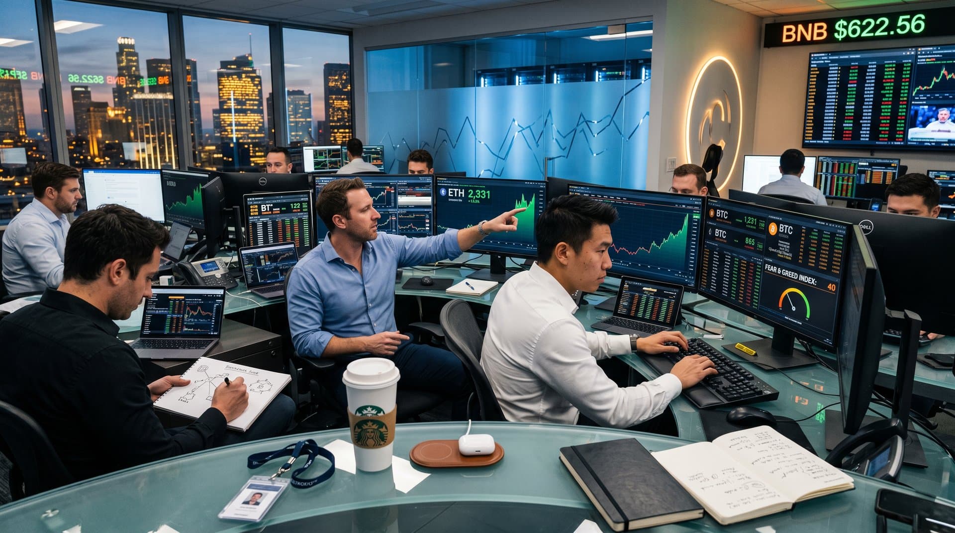 Trading screens show Ethereum price at $2,331 amid cloud diagrams and market data on a modern floor with city skyline view