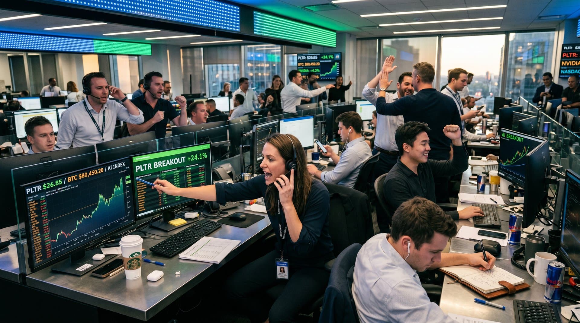 Trading desk with Palantir charts, AI graphs, and crypto tickers on multi-monitor setup amid market data displays