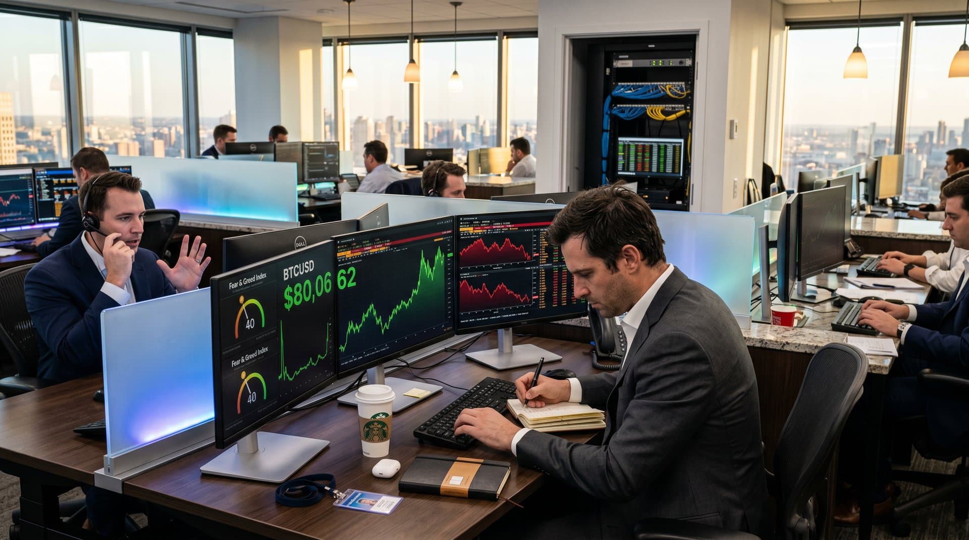 Trading screens show Bitcoin at $80,062 and Fear & Greed Index at 40 amid volatility charts on modern desk with cloud server elements (98 chars)