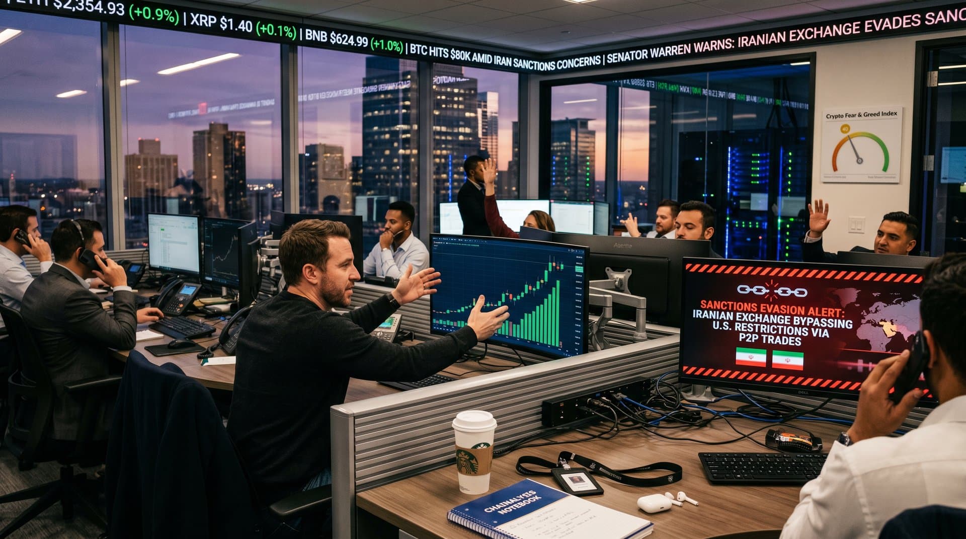 Trading screens display BTC at $80K, sanctions alerts on Iranian cryptocurrency exchange, Fear & Greed at 40 in high-tech finance office
