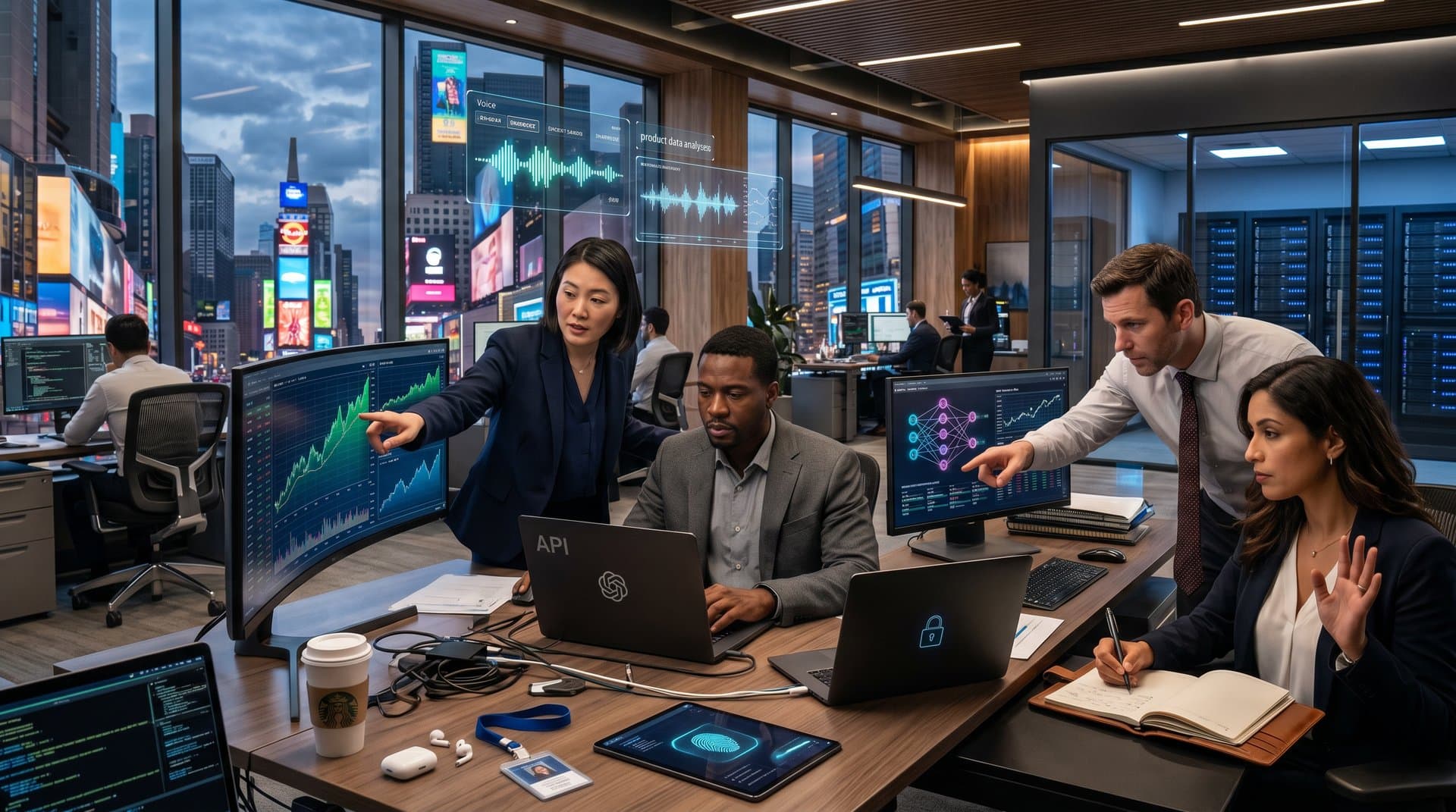 Enterprise team reviewing AI dashboards with OpenAI tech in modern office, server racks and cloud icons in background