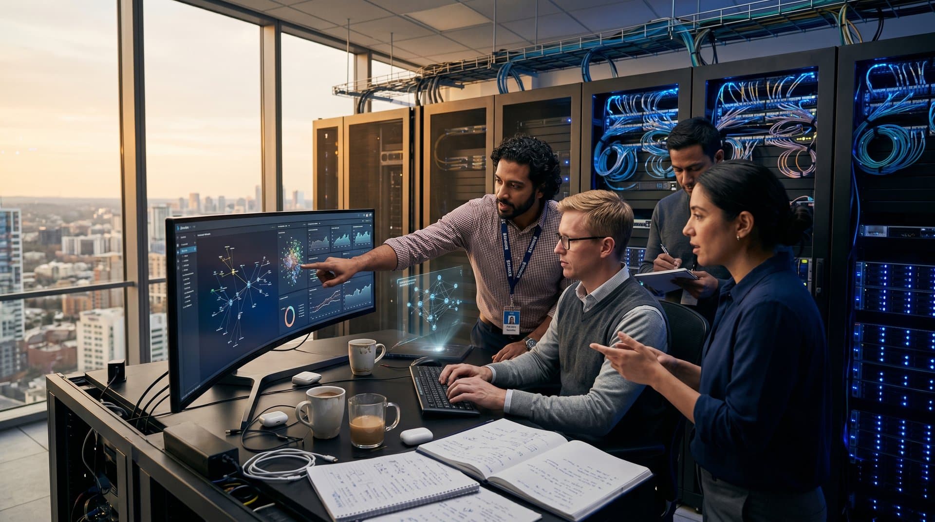 Engineers monitor AI analytics in secure data center with server racks, dashboards, and holographic data visualizations