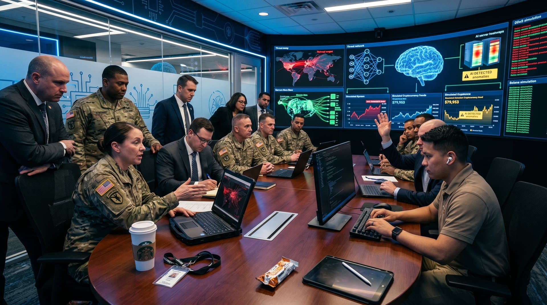 Military and industry leaders at a table with laptops and screens showing AI cyber threat maps