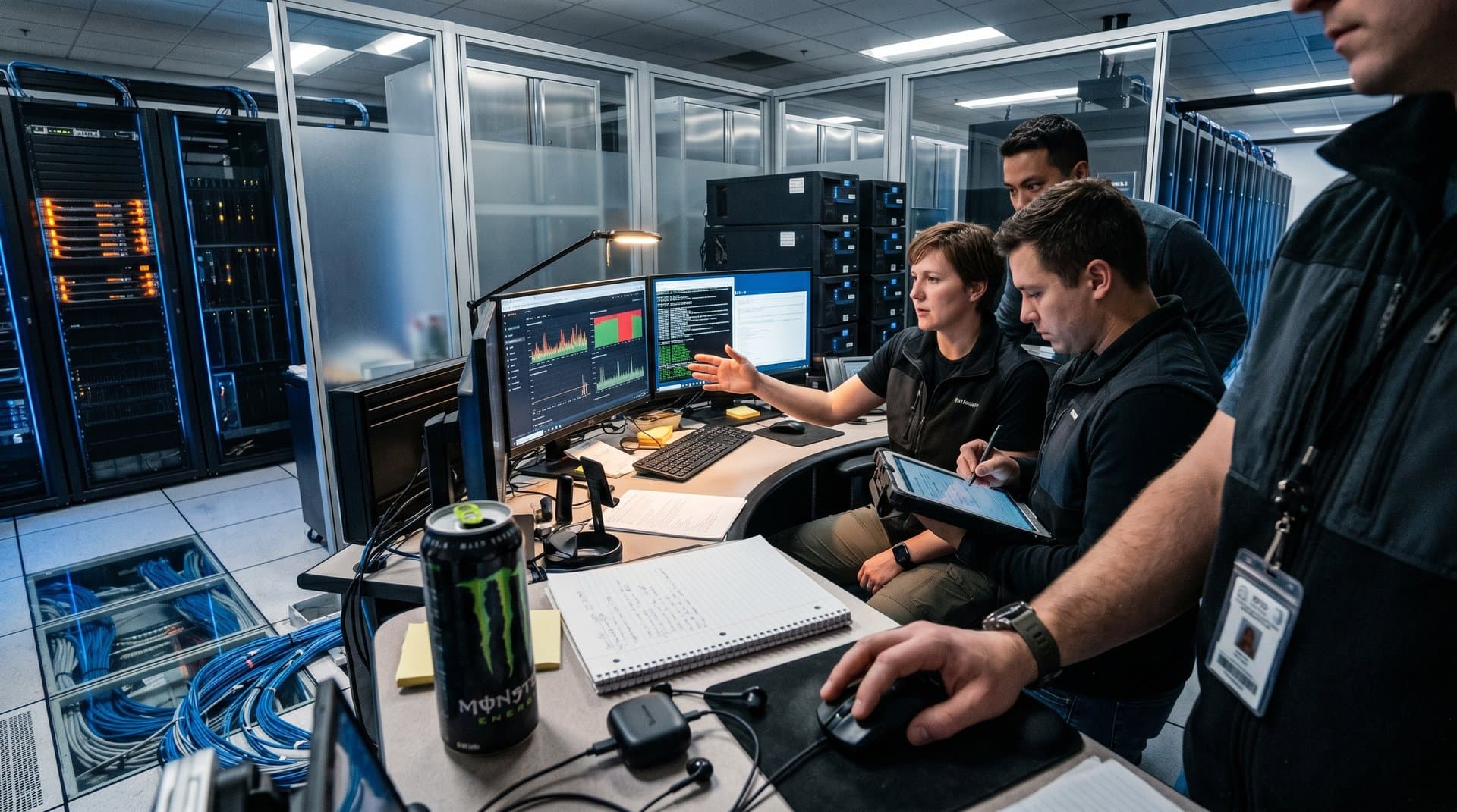 High-security data center with server racks, fiber cables, and vulnerability scan monitors emphasizing DoD SaaS isolation