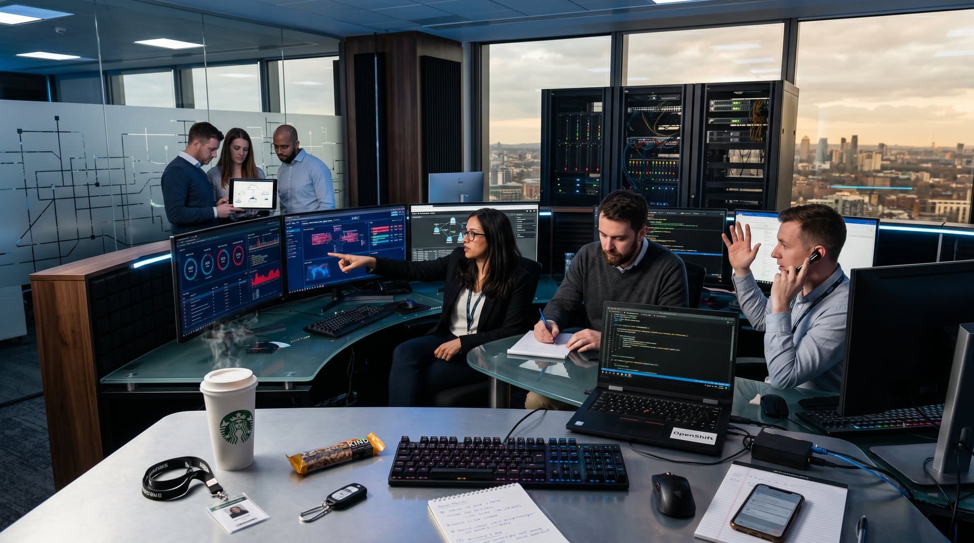 Cybersecurity team monitors threats on multi-screen setups in modern SOC with glowing consoles and glass partitions