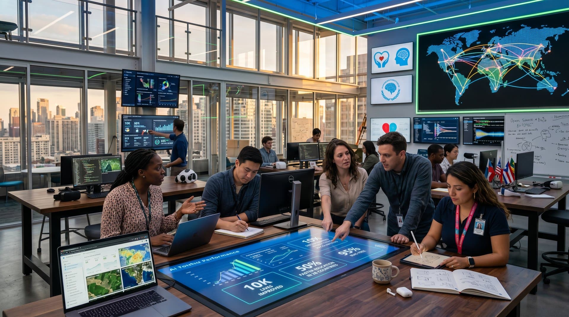 Global developers collaborate on ethical AI for human impact in vibrant nonprofit office with world map and tech displays