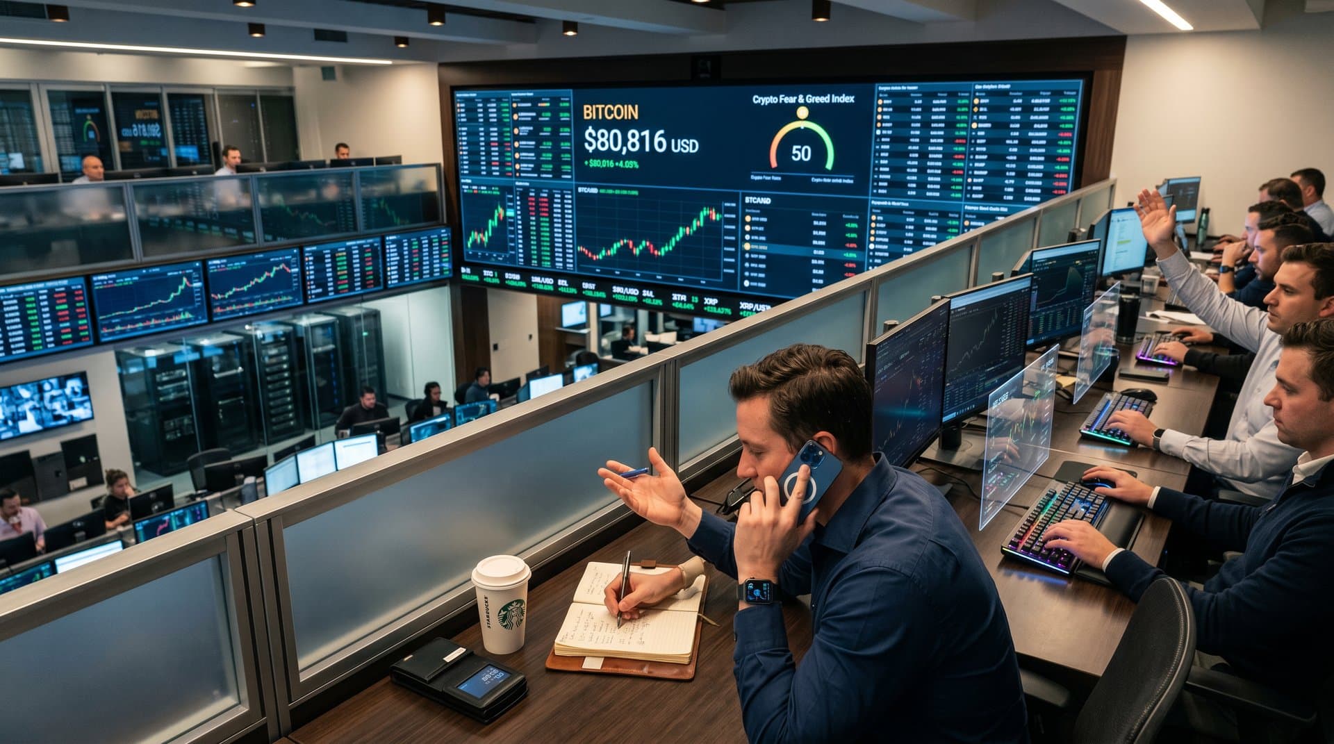 Trading screens showing Bitcoin at $80,816, Fear & Greed Index at 50, crypto charts, tickers, and tech gadgets on a modern desk