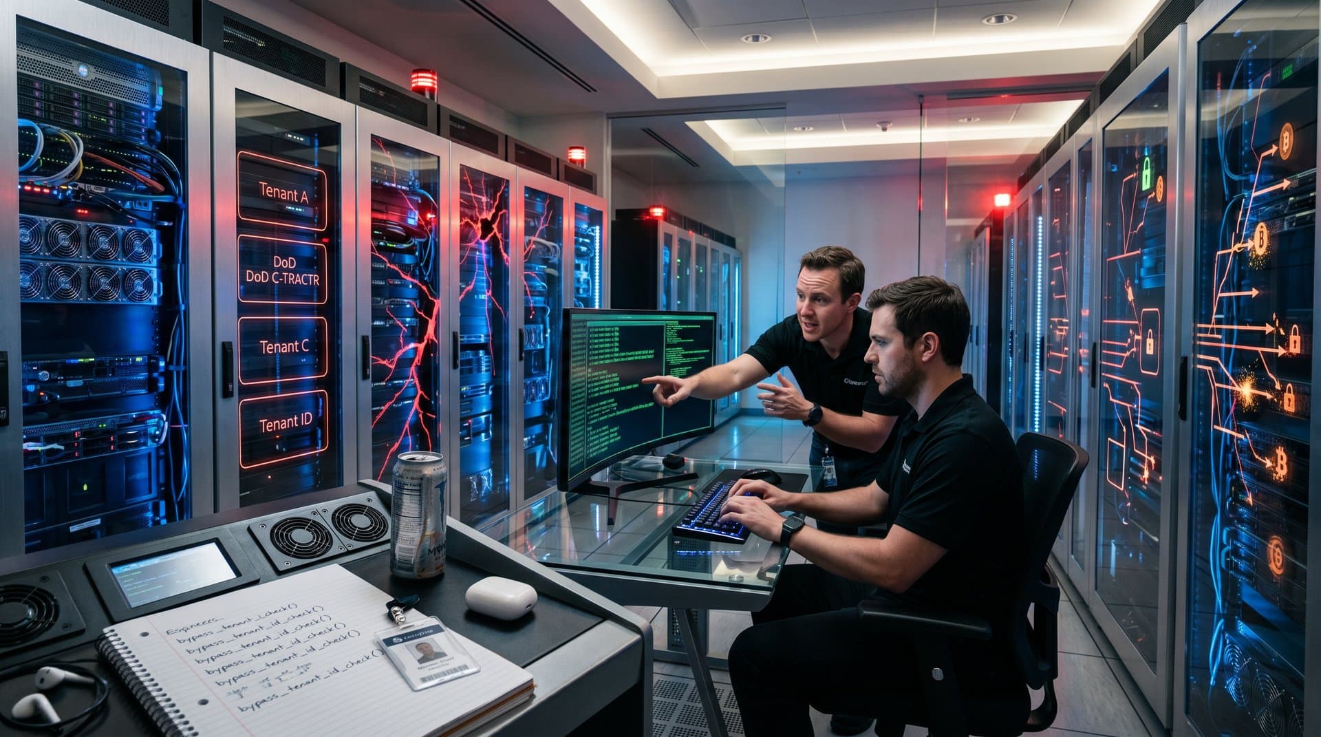 Cybersecurity alert in data center showing multi-tenant authorization vulnerability breach with red warnings and broken data barriers