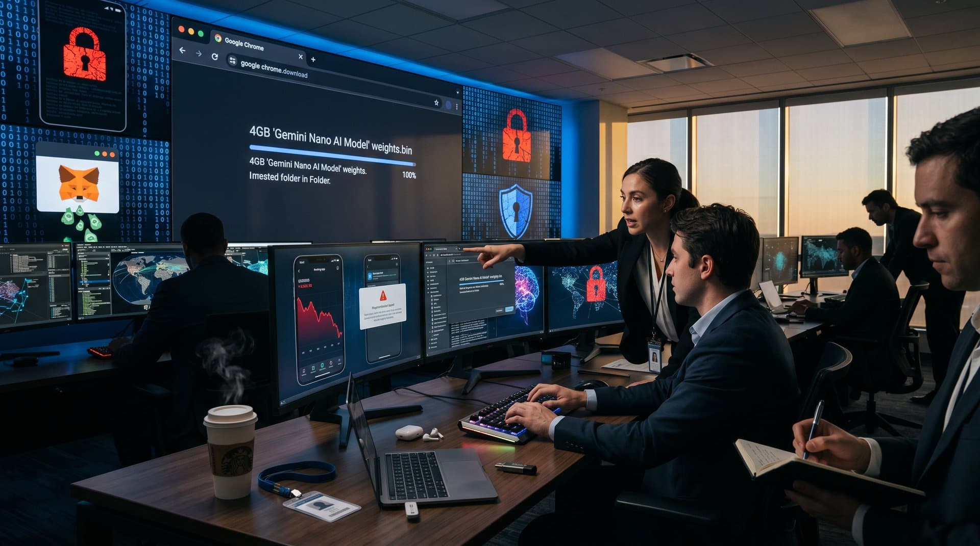 Browser downloading large AI model file silently with privacy and security warning icons in dark tech style