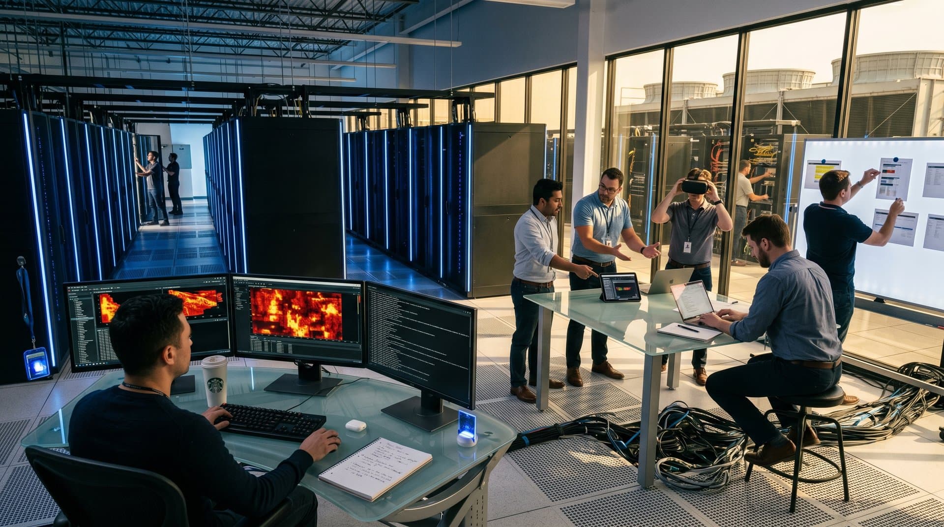 Cybersecurity team reviews AI cloud threats in high-tech data center with glowing servers and dashboards
