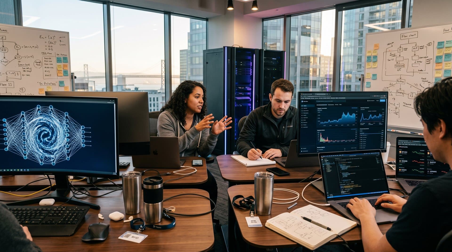 Modern tech office with monitors showing AI neural networks, blockchain dashboards, and crypto charts in a collaborative workspace