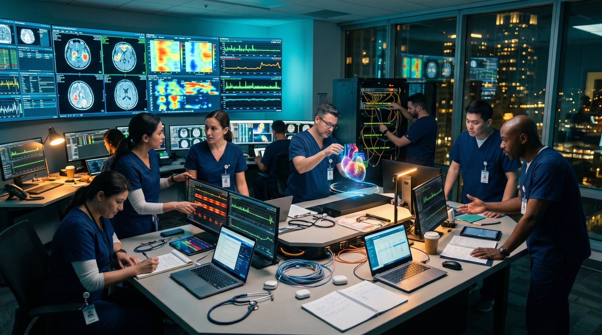 Nurses reviewing AI healthcare tools on screens in a modern hospital tech room.